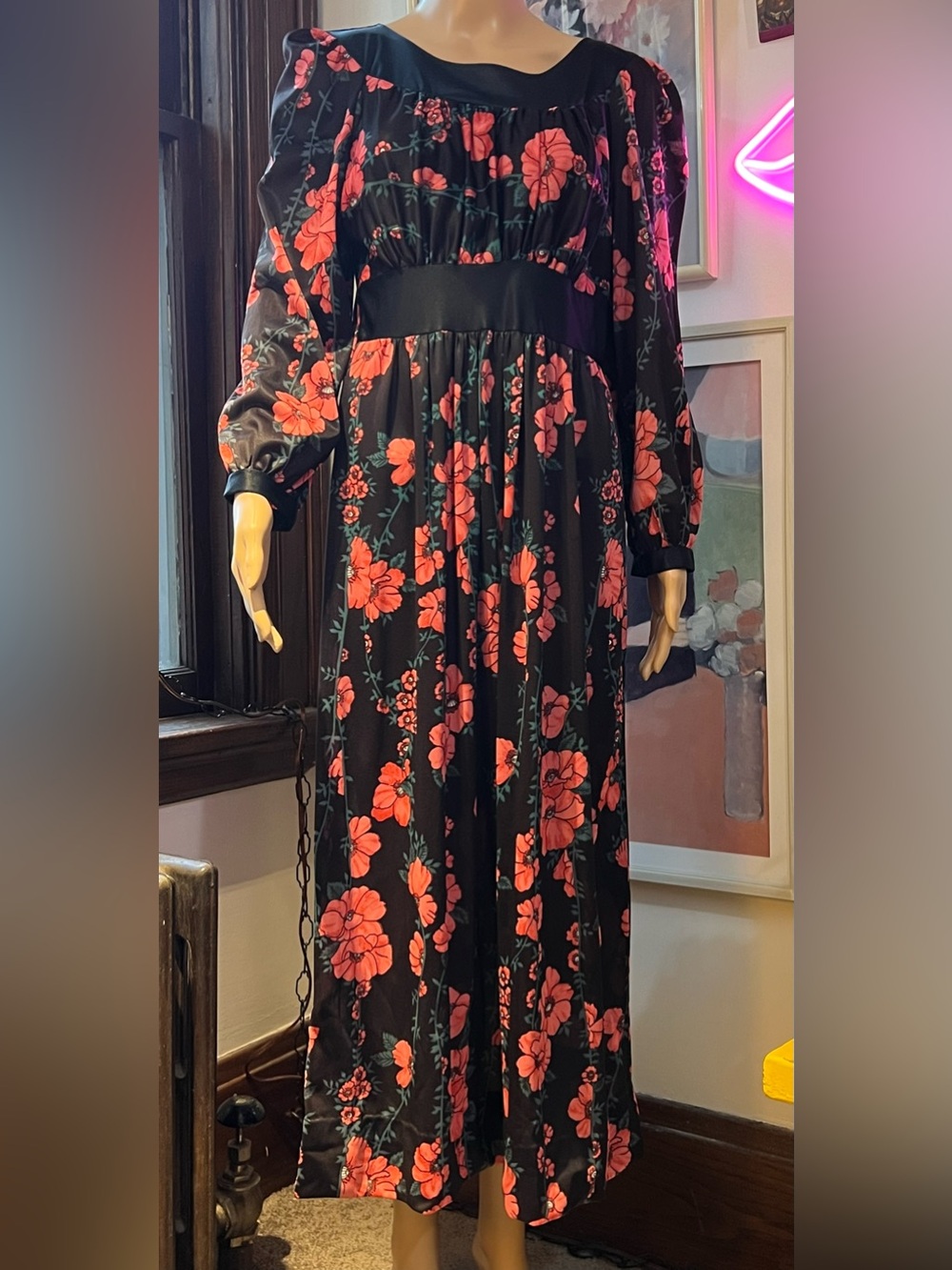 Vintage Black Maxi Dress with Red Floral Print